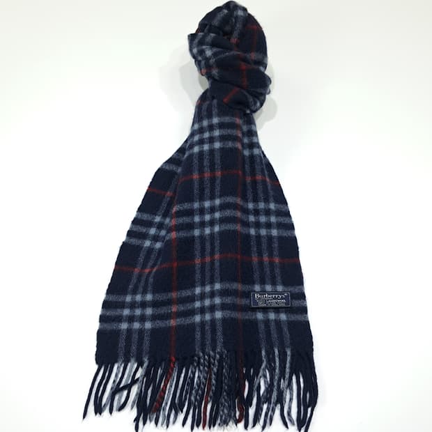MX521 버버리 90s 영국판 램스울 체크 네이비 머플러 목도리