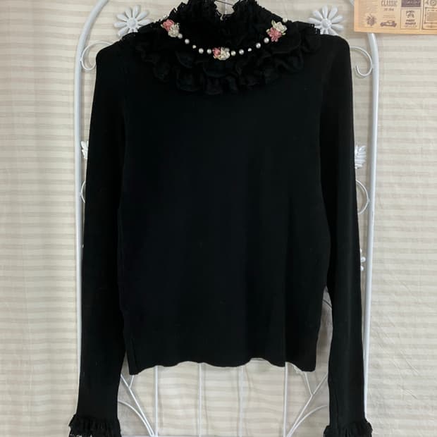 빈티지 블랙 진주 레이스 니트 폴라 930 y2k 스트릿 갸루 펑키 일본