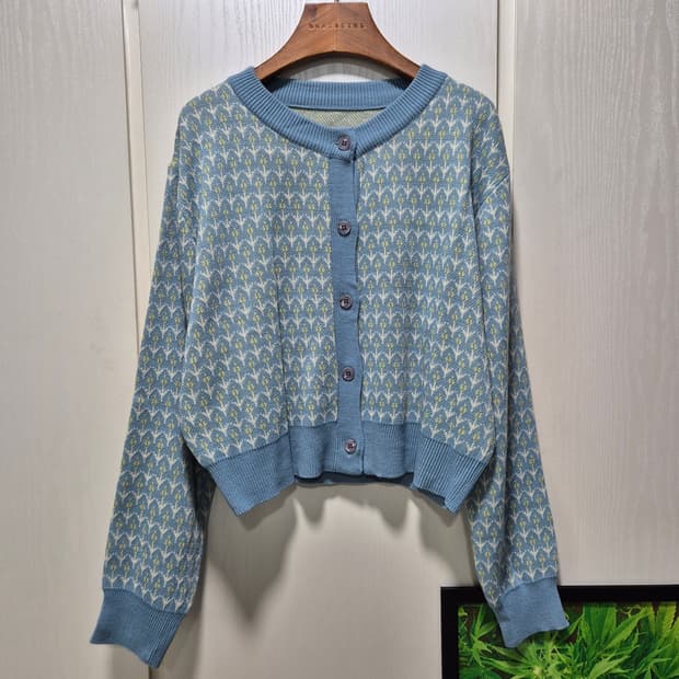 빈티지 패턴 크롭 가디건 하늘색