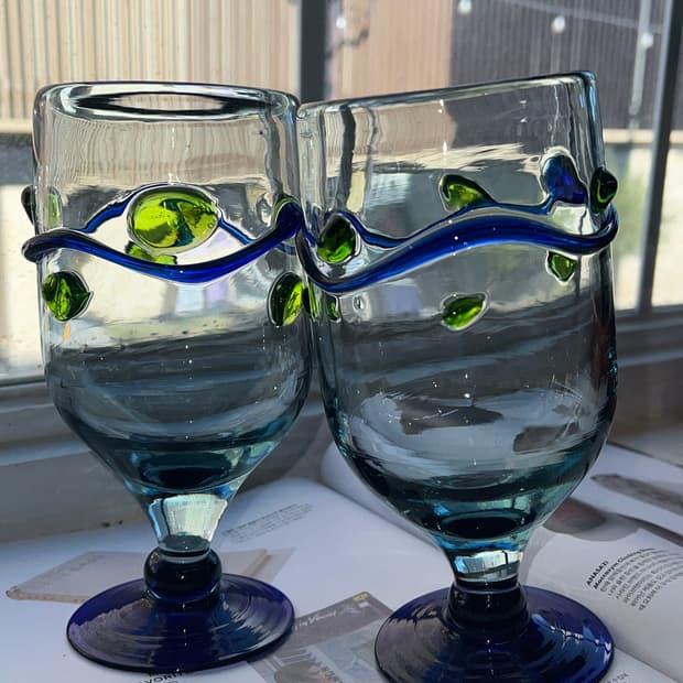 VTG Hand-Blown art glass Goblet BL/GR