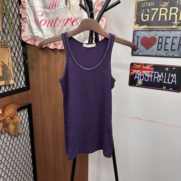 Stud Detail Plum Cotton Sleeveless Top