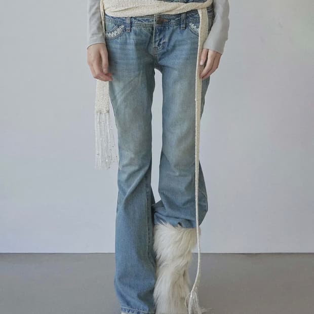 Double Waist Boots Cut Denim Mid Blue L