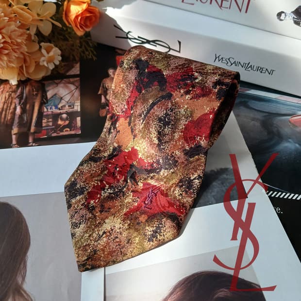 입생로랑 실크 브라운 아트 플로럴 넥타이 9.6cm A+등급 A19828