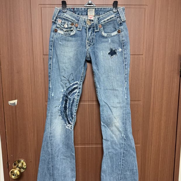 모리걸 하구미 오네갸루 빈티지 데미지 데님 로우라이징 부츠컷 팬츠