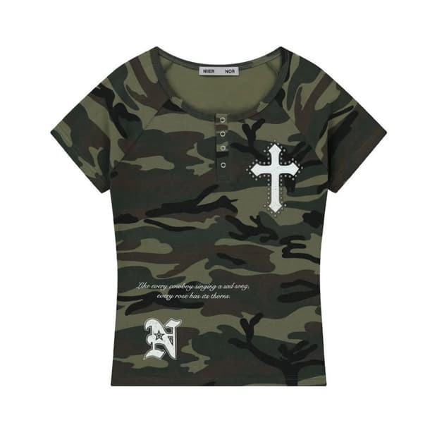 니어노어 빈티지 카모 크로스 딱붙핏 반팔티
