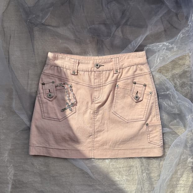 Brown Stitched Pink Mini Skirt 0155