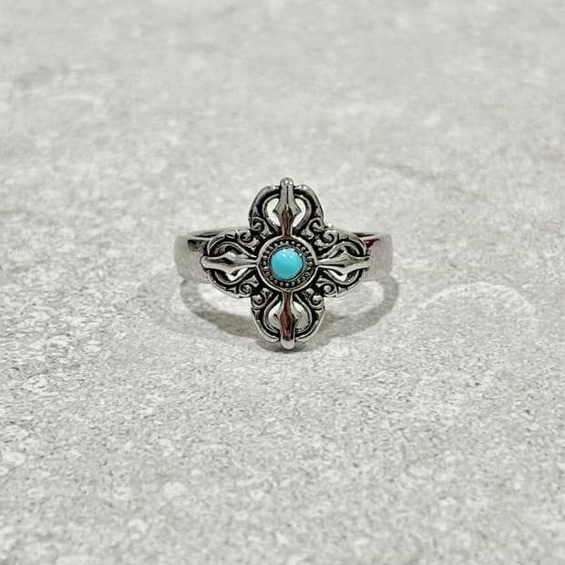 Oribell 에스닉 크로스 터키석 스톤 실버 오픈링 반지