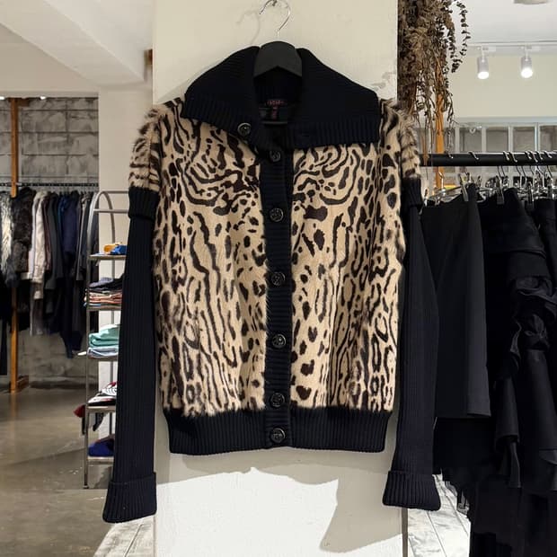 에스카다 브라운 블랙 레오파드 퍼 니트 가디건