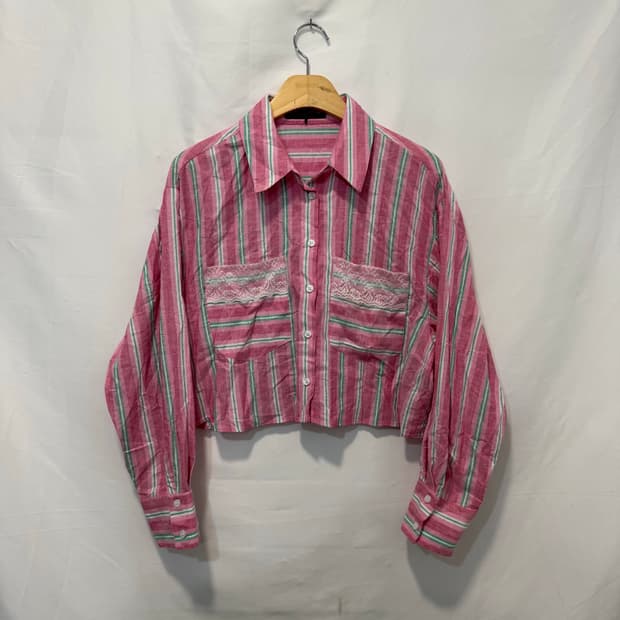 ZARA 자라 스트라이프 크롭 린넨 여성 셔츠 M