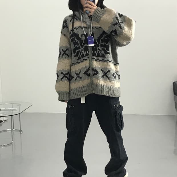 Vtg Cowichan Knit Zip Cardigan DPRK Made