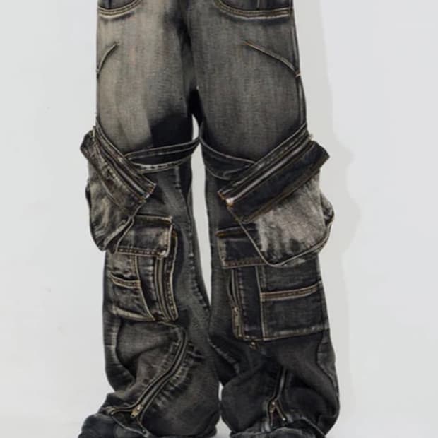 (L) Peoplestyle 빈티지 흑청 카고 워싱 데님팬츠