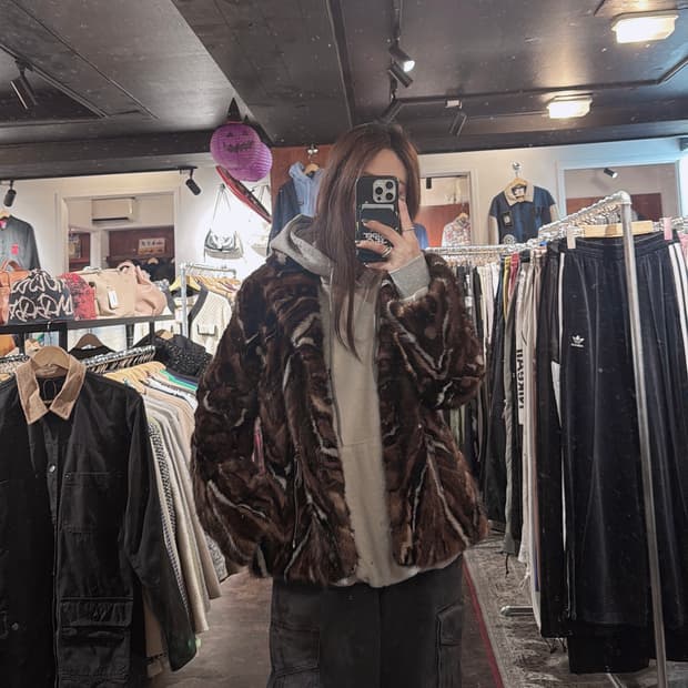 빈티지 리얼 밍크 카모 브라운 퍼 셔링 코트 자켓