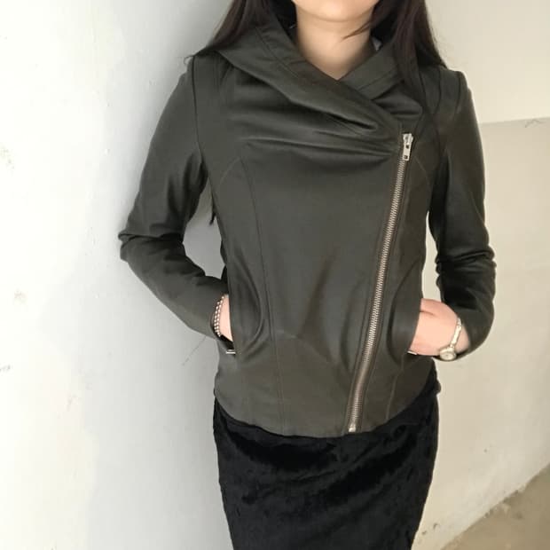 S / 헬무트렝 사선집업 가죽후드 자켓