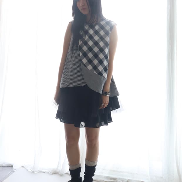 [Beams Boy] Tori-To Check Tulle Blouse
