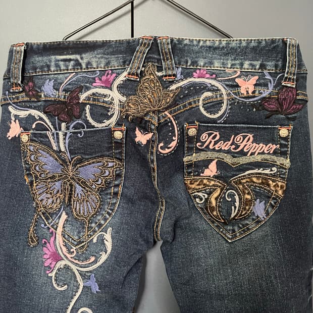 레드페퍼 워싱 y2k 그런지 나비 자수 패치 스키니진