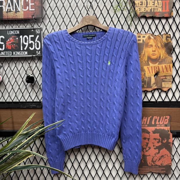 폴로 랄프로렌 케이블 니트 옐로우 포니 포인트 라이트블루