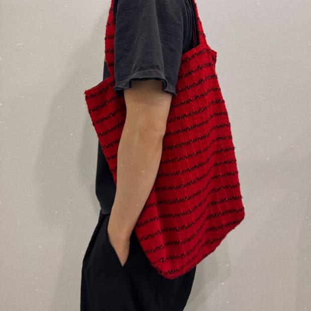 요지야마모토 울 스트라이프 레드 토트백