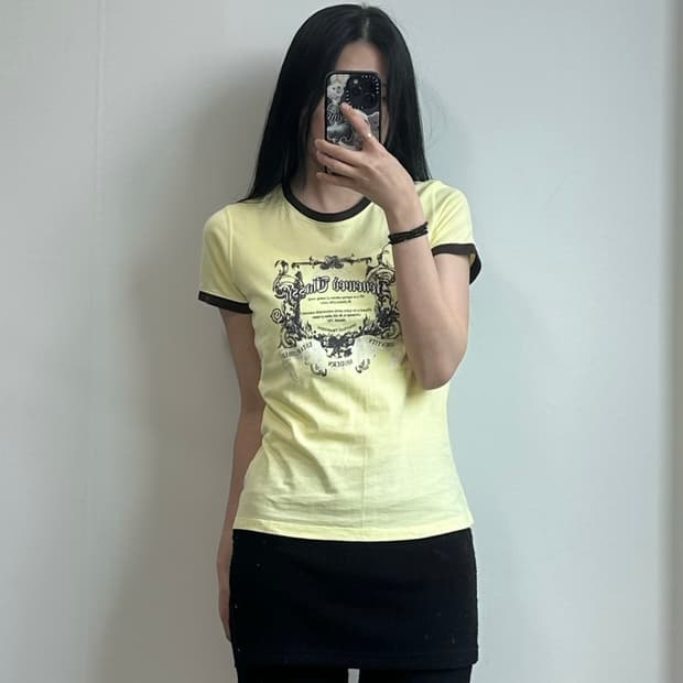 Vintage 빈티지 y2k 와투케 개나리 반팔 링거 티셔츠