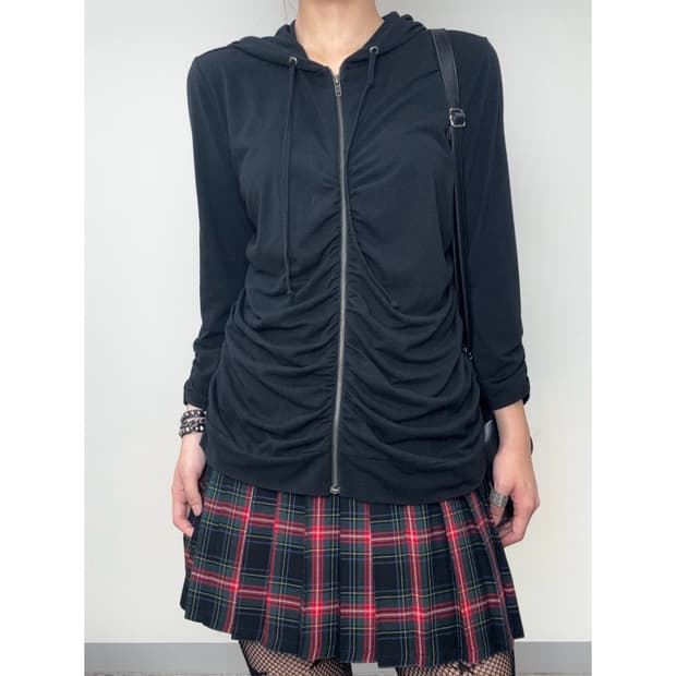 빈티지 블랙 셔링 후드집업