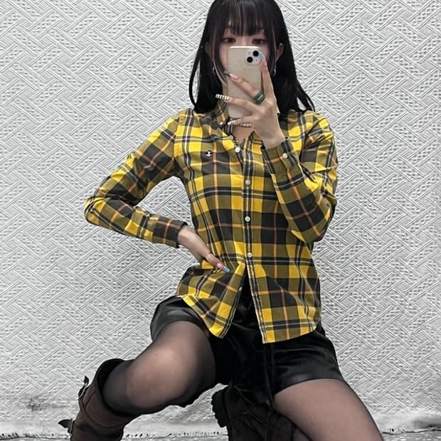 티니위니 컨트리 빈티지 슬림핏 머스타드 체크 셔츠 85 C13161
