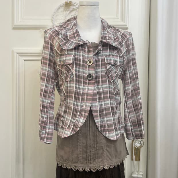 brown pink check cotton jacket&brown lac