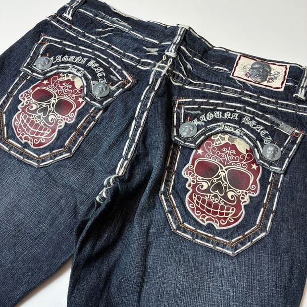 라구나비치00's Y2K 펑크데드스탁 스컬스티치자수 데님팬츠 PN8833
