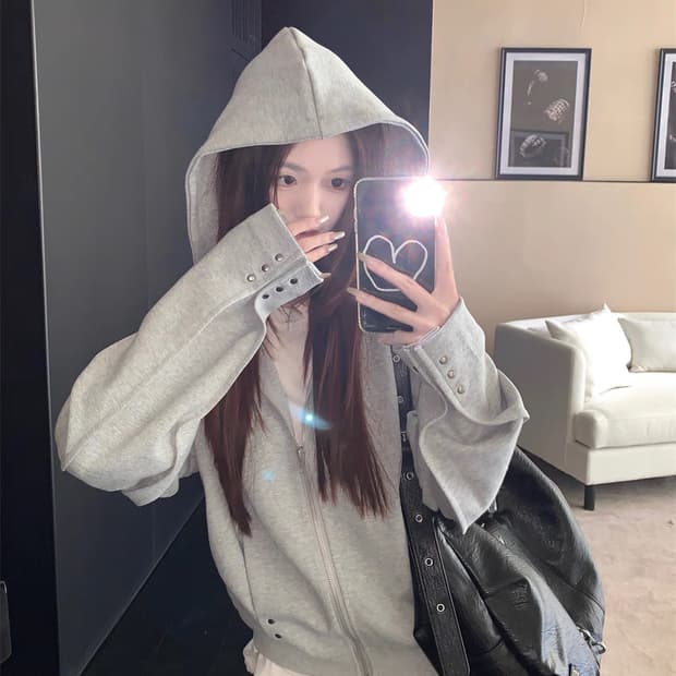 스터드 후드집업 그레이, 블랙