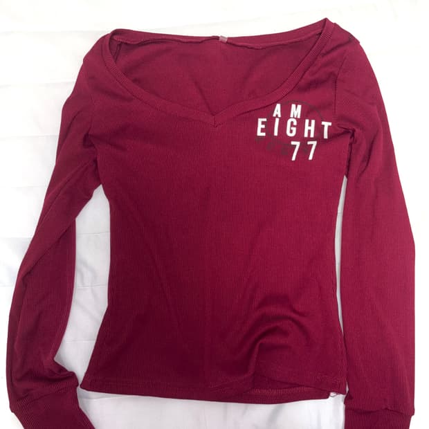 버건디 브이넥 골지 롱 슬리브