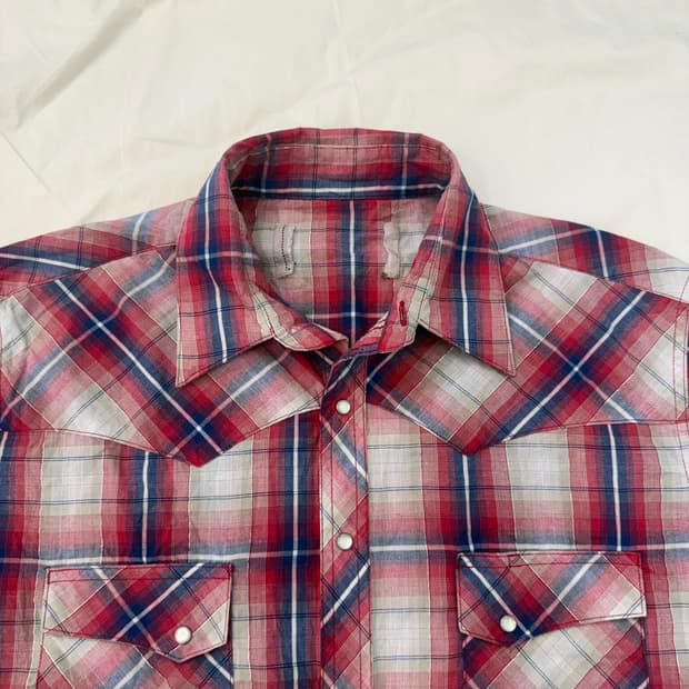 빈티지 웨스턴 셔츠 레드 블루 체크 반팔