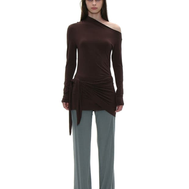 파르티멘토 우먼 PWC 언발란스드 보우타이 랩 저지 탑_브라운