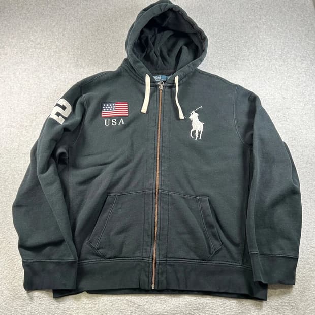 폴로 랄프로렌 빈티지 빅포니 USA 성조기 블랙 후드 집업