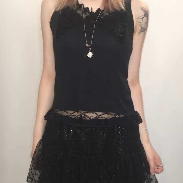 jpn vintage 블랙 리본 레이스 슬리브리스