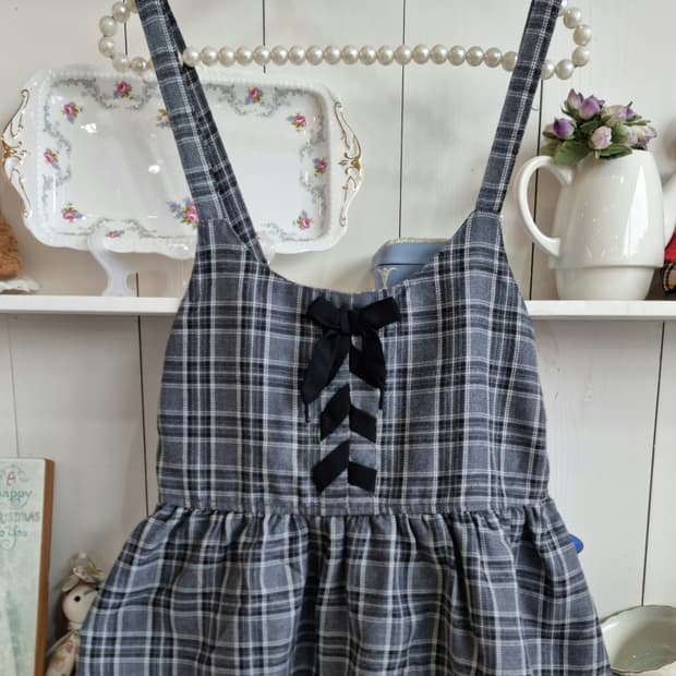 체크 프릴 리본 조끼탑