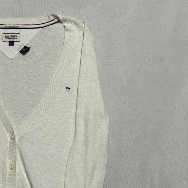 XS 타미힐피거 여성용 화이트 브이넥 가디건