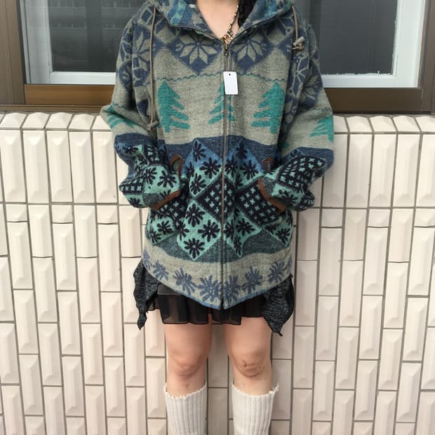 Snow pattern woolen hood jacket