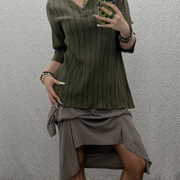 빈티지 여리핏 컨트리 스트라이프 말차카키 미디 슬리브 티 K0030