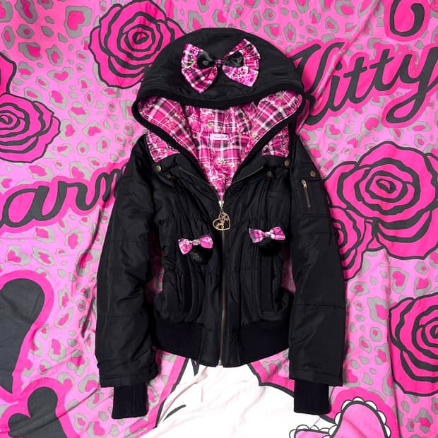 MA*RS마즈 블랙핑크 로즈체크 리본 폼폼 패딩 히메 오네갸루 핀터대장