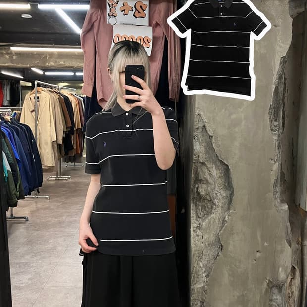 폴로 랄프로렌 스트라이프 카라 반팔 티셔츠 블랙 M #csz3189