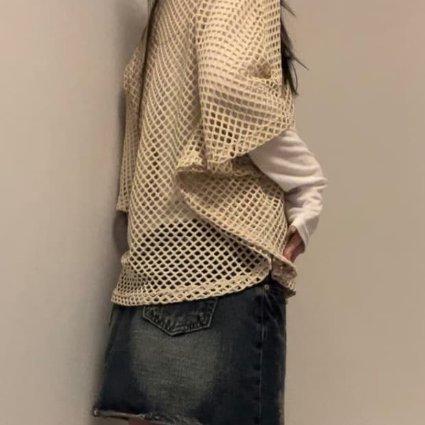 beige net pancho shape knit