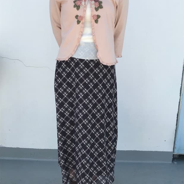 모리걸 브라운 체크 롱스커트 