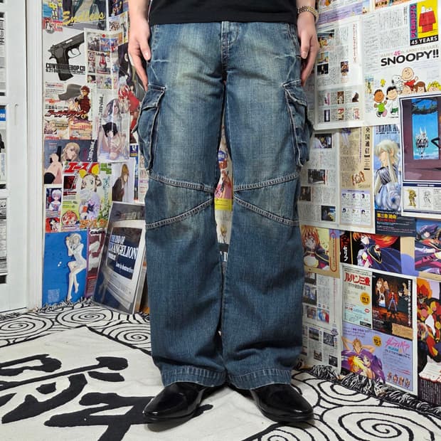 빈티지 진청 카고 데님 와이드 팬츠