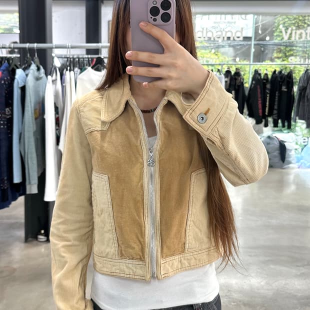 스투시 y2k  베이지 크롭 코듀로이 자켓