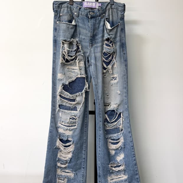 리뷰 크러쉬드 데님 플레어 팬츠