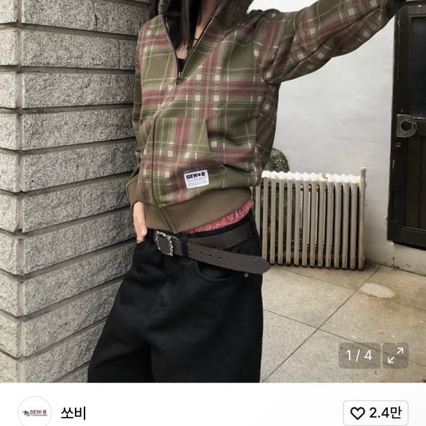 쏘비 체크 후드집업 카키브라운