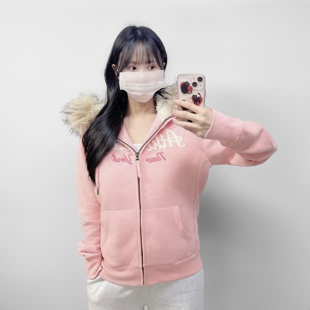 스파오 울프죠 후드퍼 집업 핑크