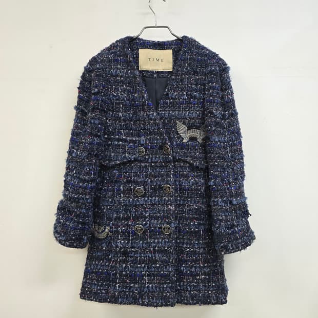 한섬 타임 화사한 색감 도톰 노카라 트위드자켓