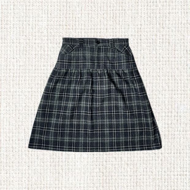 차콜 그린 체크 미디 스커트
