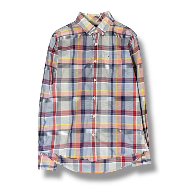 타미힐피거 블루 레드 타탄체크 원포켓 슬림핏 셔츠 M