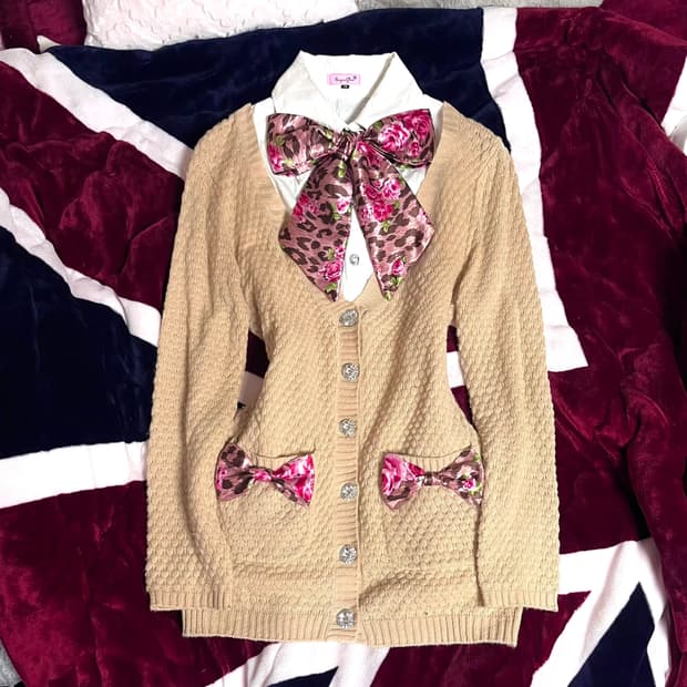 MA*RS 마즈 로즈 호피 리본 베이지 가디건 / MARS