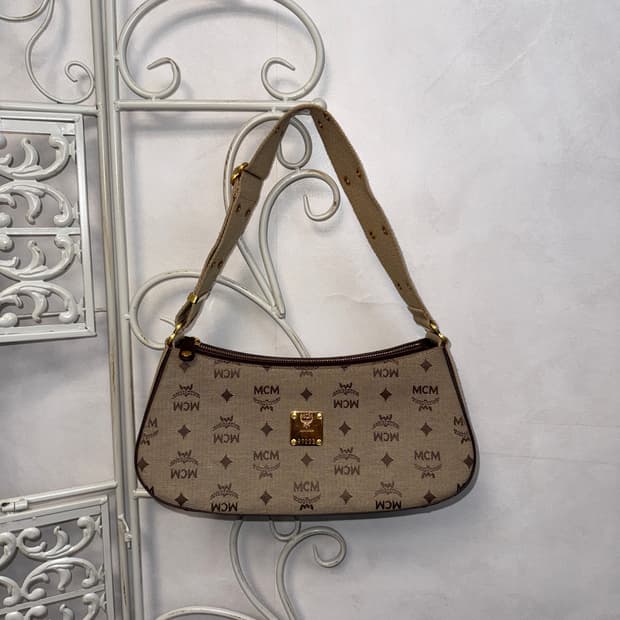 MCM beige logo eyelet strap shoulder bag
